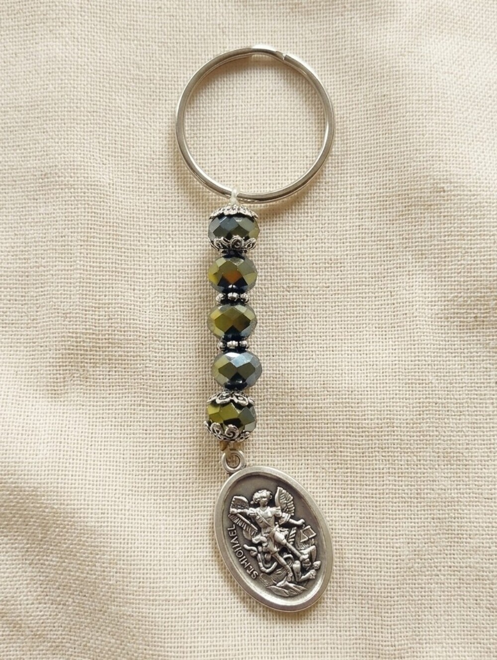 Faceted Olive Green GLASS CRYSTSL Keychain w/ Saint Michael Medal